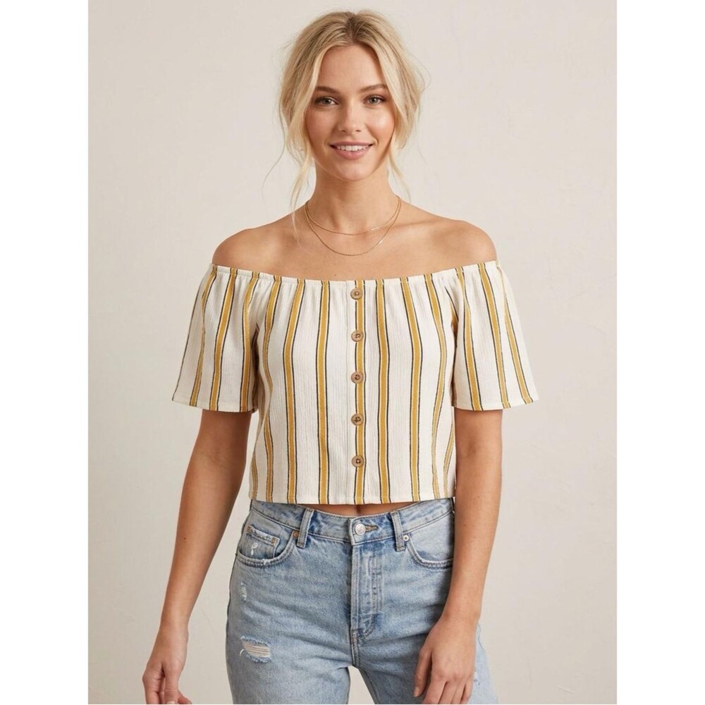 Love Tree Striped Off Shoulder Crop Top Y2K Cottagecore Bardot Summer Boho M